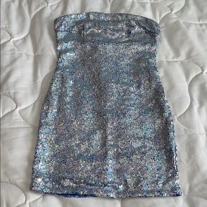 Silver sequenced strapless, cocktail dress